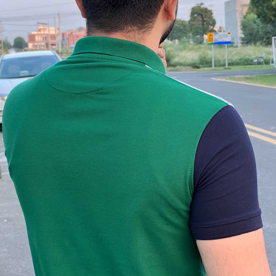 LC Shoulder Panel Contrast Sleeves Green/Navy Polo T-Shirt