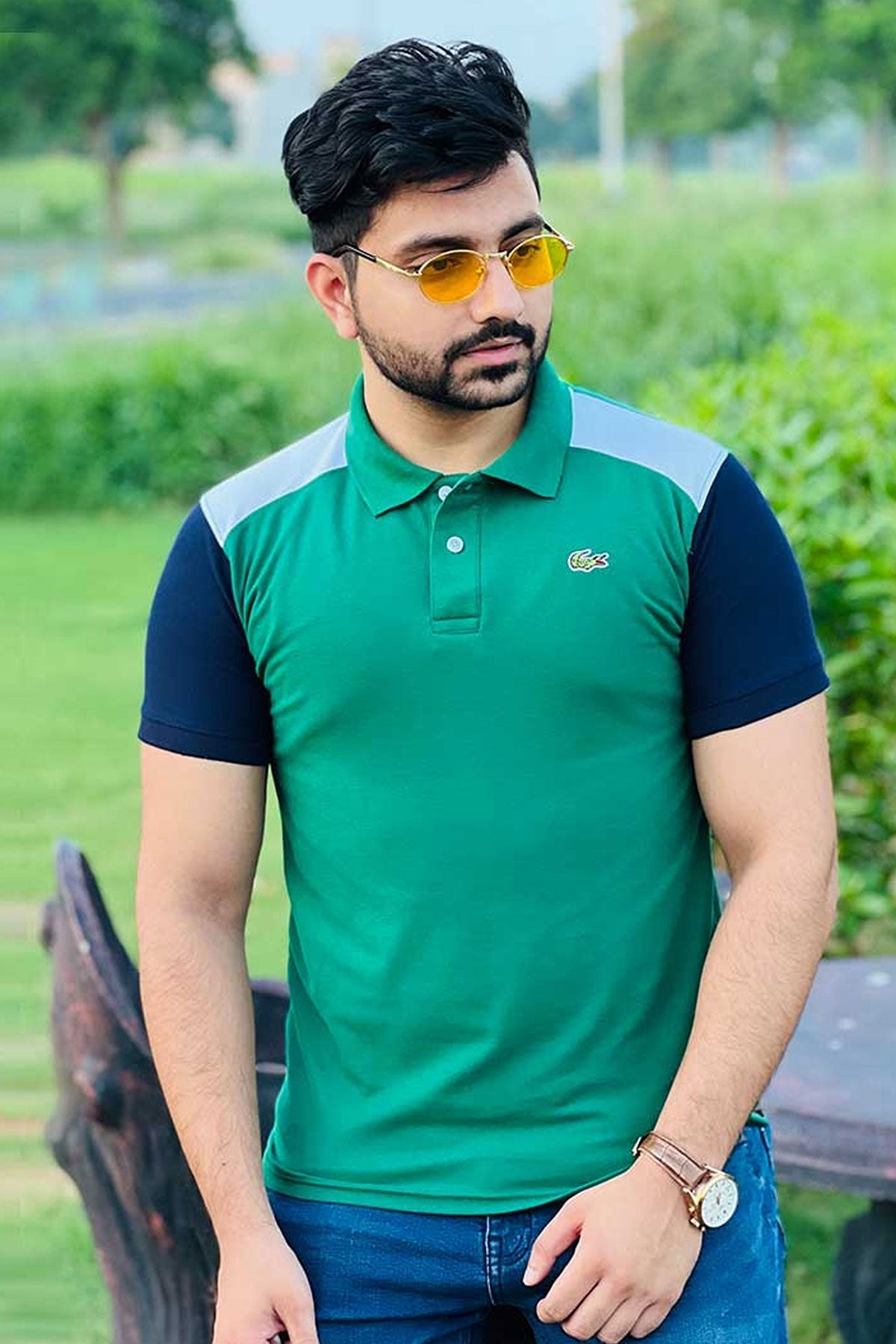 LC Shoulder Panel Contrast Sleeves Green/Navy Polo T-Shirt