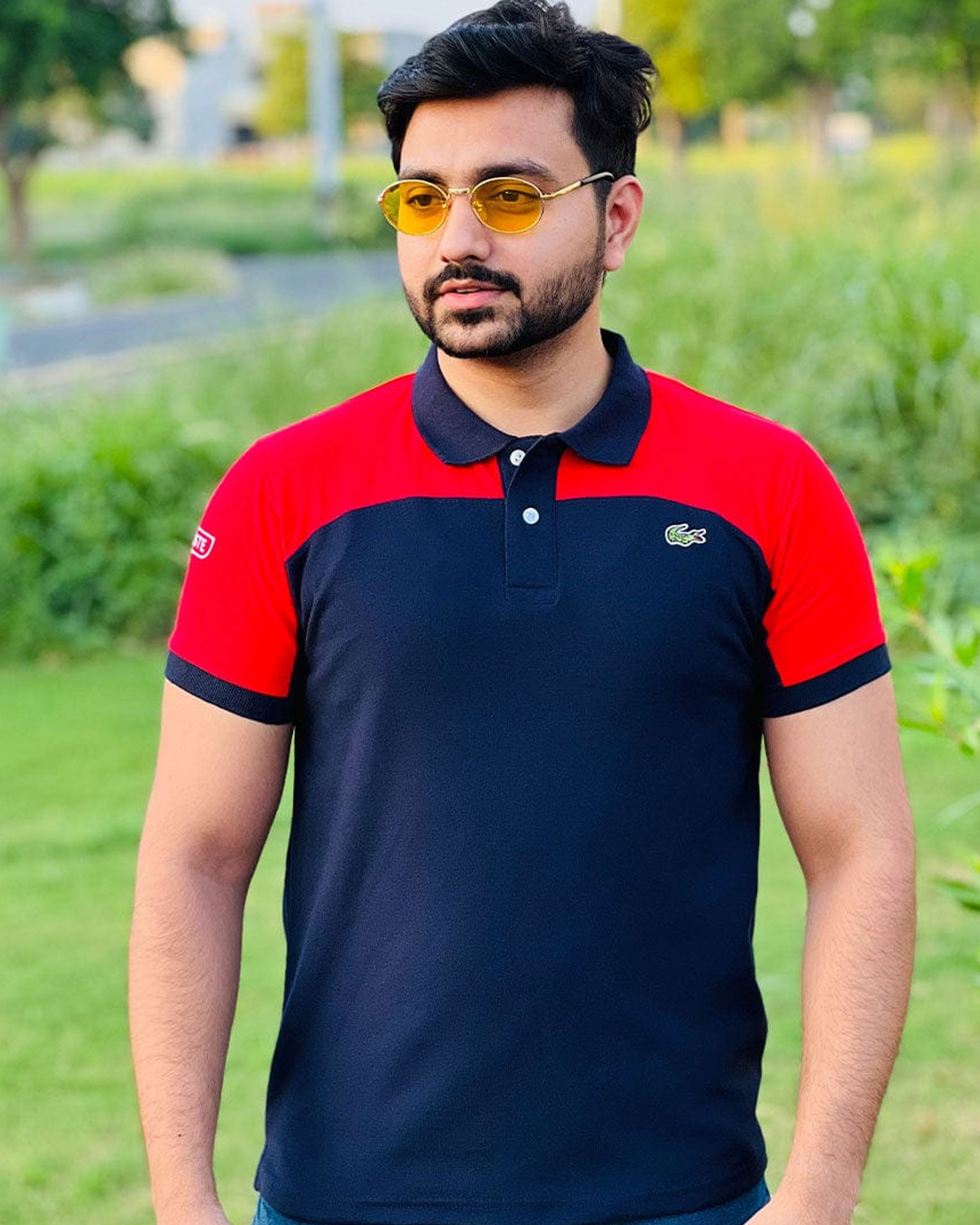 LC Shoulder Panel Contrast Sleeves Navy/Red Polo T-Shirt