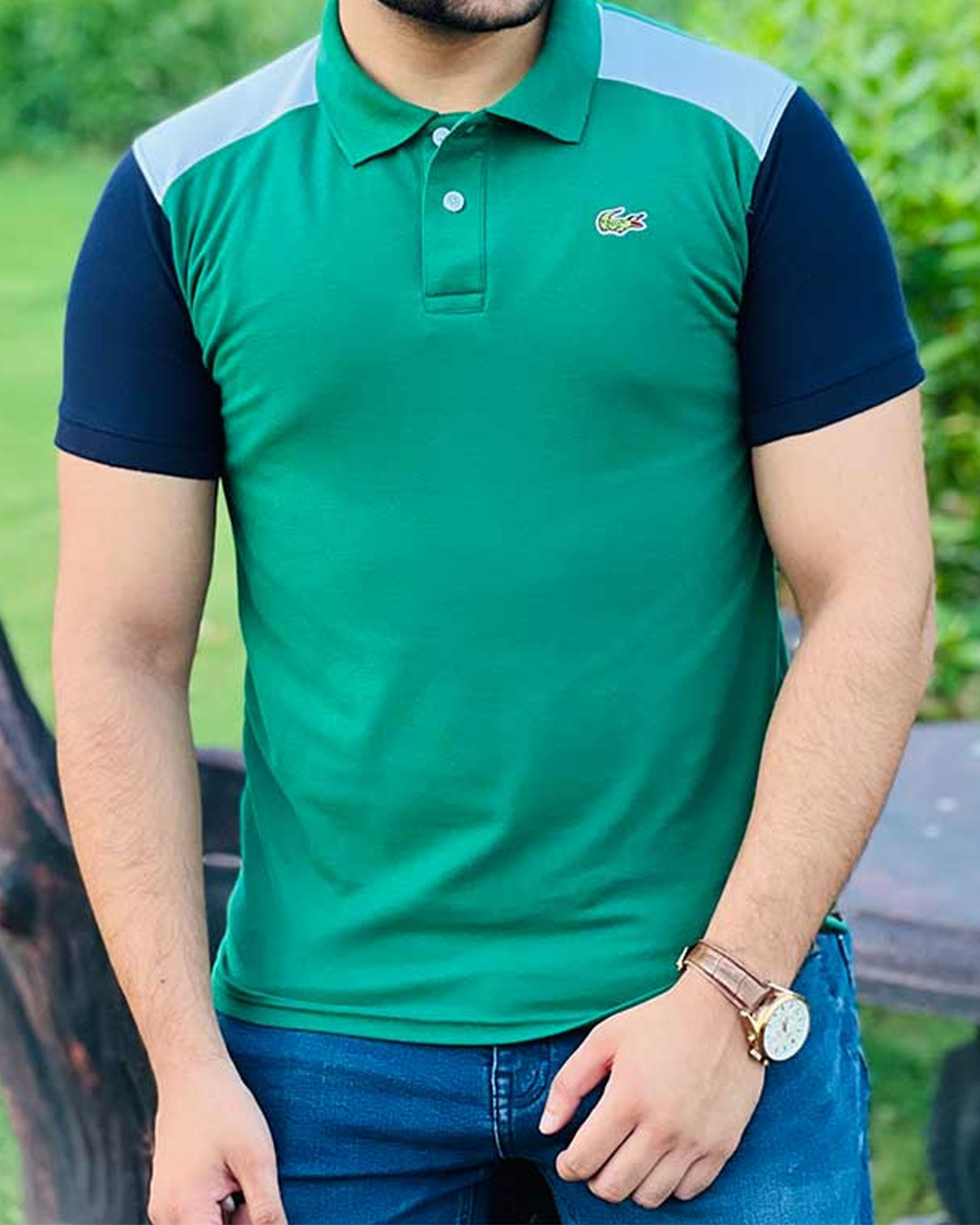 LC Shoulder Panel Contrast Sleeves Green/Navy Polo T-Shirt