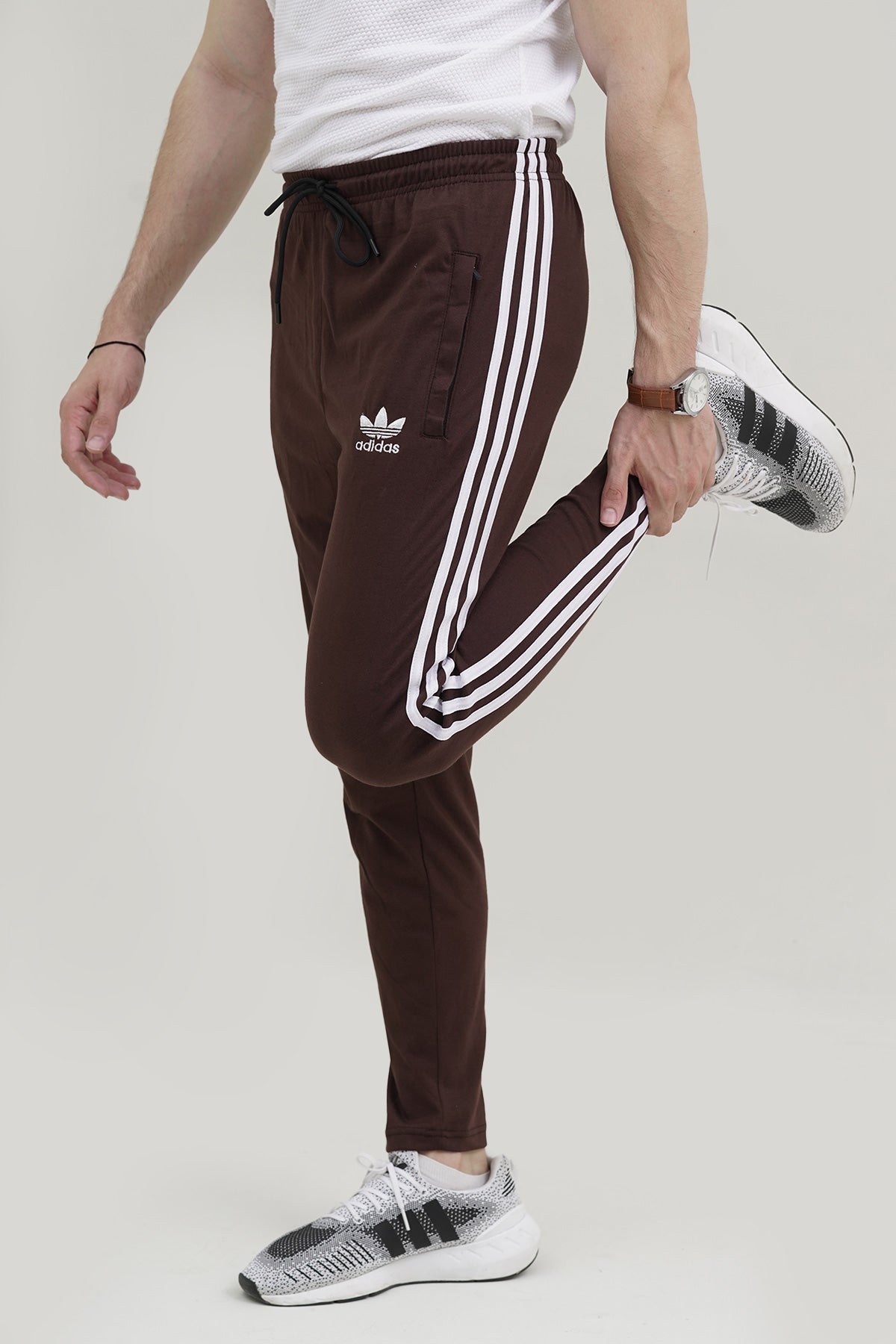 Adi-3 Stripes Embroidered Logo Brown Cotton Jersey Trouser